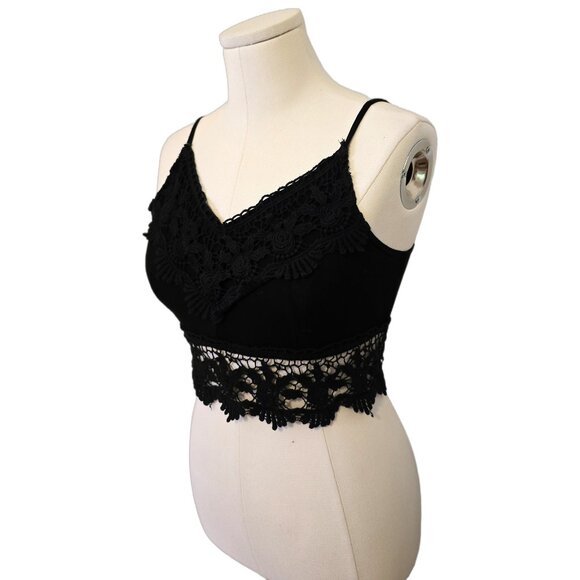 Womens Black Lace Trim Cami Crop Top Zip Up Bralette V-Neck Casual Beach Sz M - Picture 2 of 5